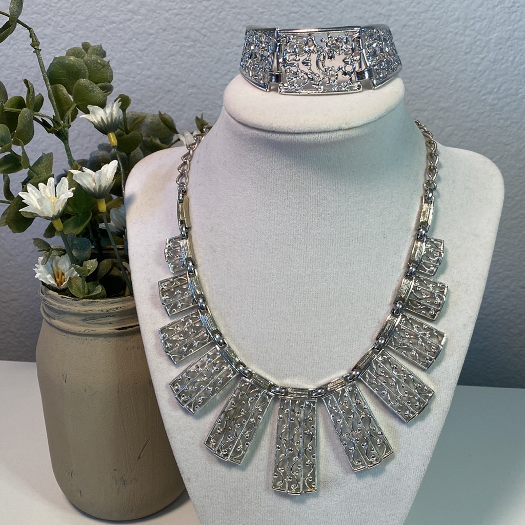 Vtg Sarah Coventry 60s Silver Tone Filigree Panel Bracelet Necklace Set 28$